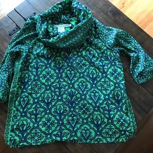 Gretchen Scott lightweight cotton tunic/ cowl neckline size XL EUC green/navy
